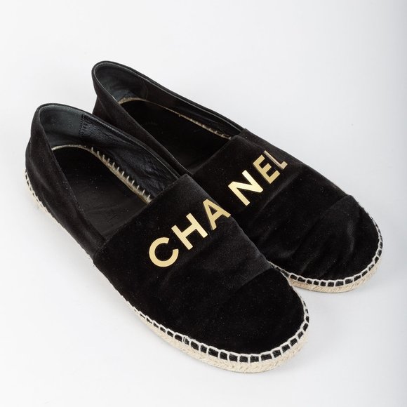 Chanel Black Velvet Logo Espadrilles - Picture 1 of 11